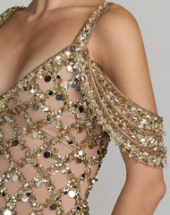 Gold Sequin Embellished V-Neck Gown