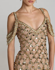 Gold Sequin Embellished V-Neck Gown