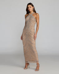 Beige Halter Neck Embellished Maxi Dress