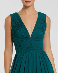 Teal Sleeveless Ruched V Neck Chiffon Gown