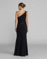 Black Embroidered Jersey One Shoulder Gown with 3D Flower