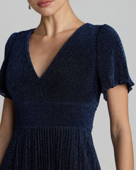 Navy Pleated Metallic Flutter Sleeve A Line Gown