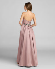 Purple Floral Embroidered Satin Strapless Gown