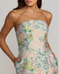 Multicolor Strapless Brocade Midi Dress With Pockets