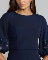 Navy Crepe A Line Gown with Embellished Puff Sleeves