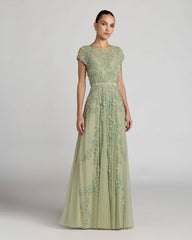 Green Floral Embellished Cap Sleeve Gown