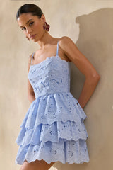 Powder Blue Lace Square-Neck Mini Dress With Ruffled Detailing