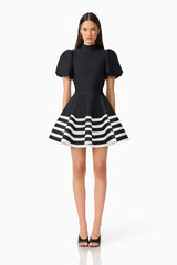 Ninette Puff Sleeve Mini Dress in Black & White