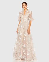 Pink Queen Anne Puff Sleeve Embroidered A-Line Gown