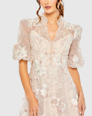 Pink Queen Anne Puff Sleeve Embroidered A-Line Gown