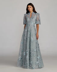 Blue Queen Anne Puff Sleeve Embroidered A-Line Gown