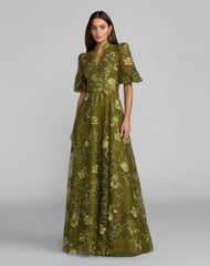 Green Queen Anne Puff Sleeve Embroidered A-Line Gown