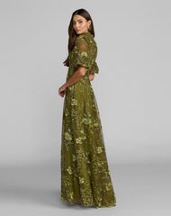 Green Queen Anne Puff Sleeve Embroidered A-Line Gown