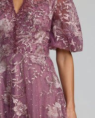Purple Queen Anne Puff Sleeve Embroidered A-Line Gown