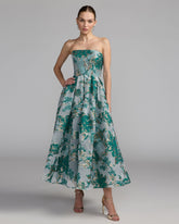 Teal Strapless Brocade Midi Dress with Pockets