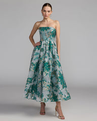Teal Strapless Brocade Midi Dress with Pockets