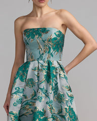 Teal Strapless Brocade Midi Dress with Pockets