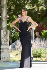 Black Jersey V-Neck Gown With 3D Flowers