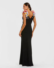 Black Jersey V-Neck Gown With 3D Flowers