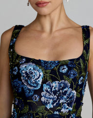 Navy Square Neck Embroidered A-Line Midi Dress