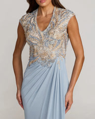 Blue Embroidered V Neck Jersey Draped Gown