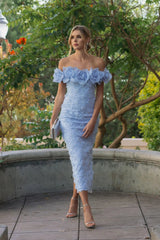 Blue Off The Shoulder Embellished Dress With 3D Flower Detail