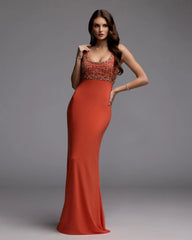 Orange Sleeveless Scoop Neck Embellished Jersey Gown