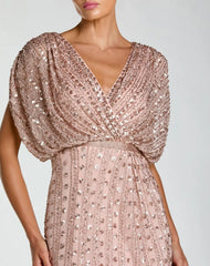 Pink Embellished Blouson V Neck Column Gown