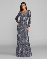 Blue Floral Sequin Long Sleeve Gown