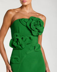Green Strapless Crepe Dress With 3D Flower Detail