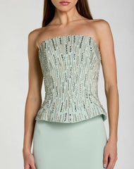Green Embellished Crepe Strapless Column Gown