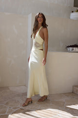 Call Me Yours Lace Halter Satin Maxi Dress Lemon