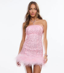 Bridget Boa-Trim Sequin Mini Dress