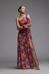 Multicolor Floral One Shoulder Charmeuse Gown With Slit