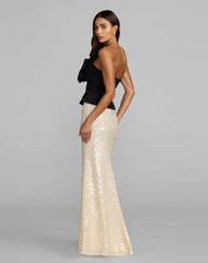 Black and Ivory Strapless Peplum Sequin Evening Gown