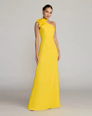 Yellow One Shoulder Crepe Gown with 3D Flower