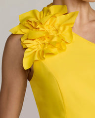 Yellow One Shoulder Crepe Gown with 3D Flower