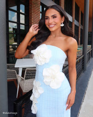 Blue Boucle Strapless 3D Floral Midi Dress