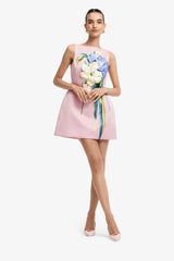 Ali Embroidered Boat Neck Mini Dress - Bouquet Print in Pastel Pink
