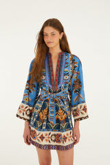 Blue Embroidered Tapestry Mini Dress