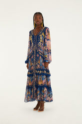 Navy Blue Sea Garden Braid Details Maxi Dress