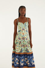 Green Floral Delhi Tapestry Beaded Straps Midi Dress