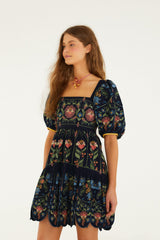 Navy Blue Stitched Garden Organic Cotton Mini Dress