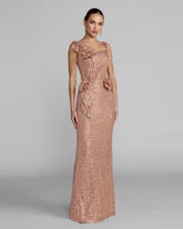 Light Pink Sequin Column Gown With 3D Flowers