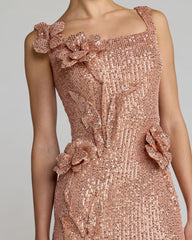 Light Pink Sequin Column Gown With 3D Flowers