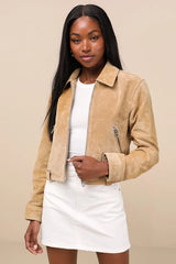 Isidora Tan Suede Leather Cropped Jacket