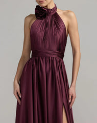 Purple Halter Neck Open Back Satin Gown With Slit