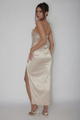 Yadira Sequin Bodice Satin Midi Dress Nude