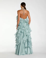Blue Halter Neck Open Back Trapeze Ruffle Gown