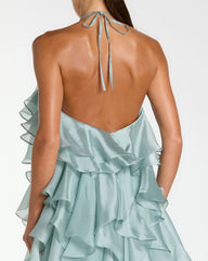 Blue Halter Neck Open Back Trapeze Ruffle Gown